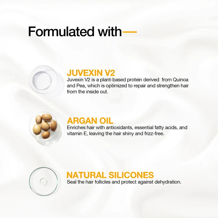 GK Hair Argan Oil Serum Formulated With panel on white silk: Juvexin V2 quinoa-pea protein, argan oil, natural silicones