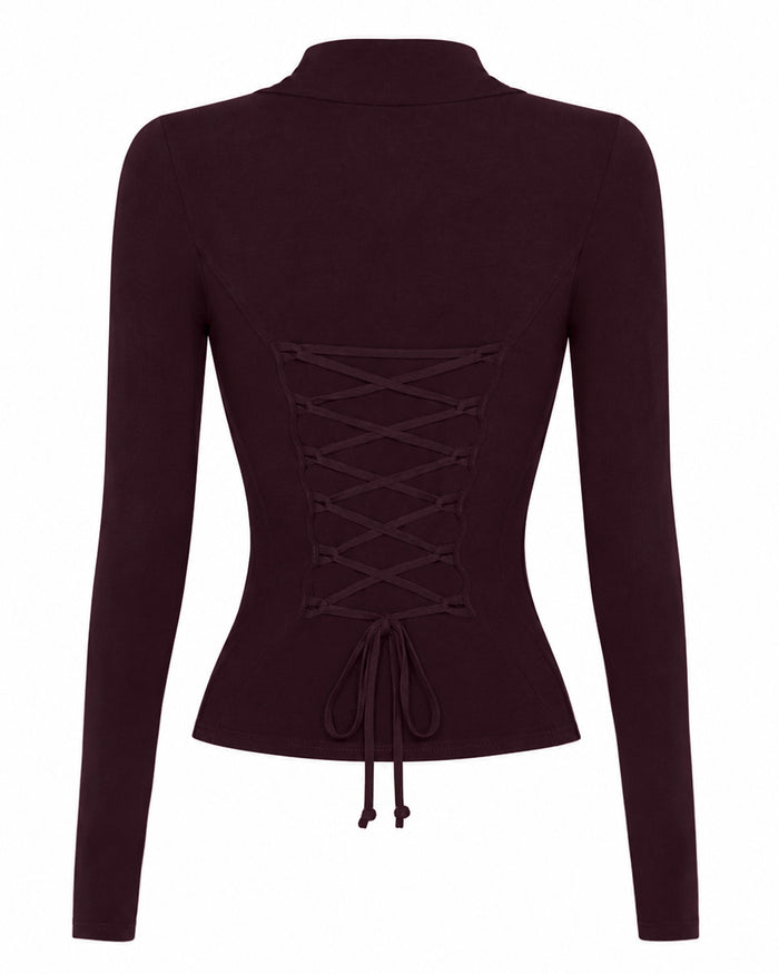 Back outline image of Shapey Ruched Long Sleeve Top - Garnet/Lace