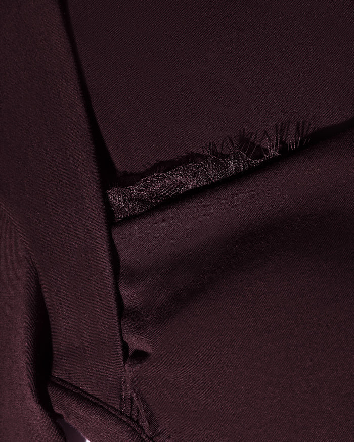 Close up of lace detail on Shapey Ruched Long Sleeve Top - Garnet/Lace