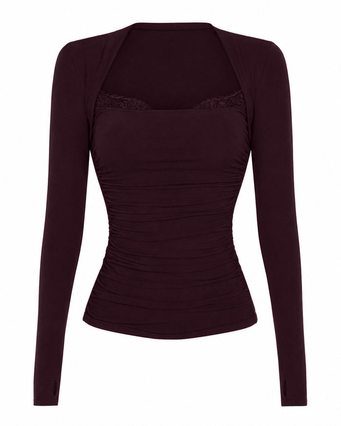 Front outline image of Shapey Ruched Long Sleeve Top - Garnet/Lace