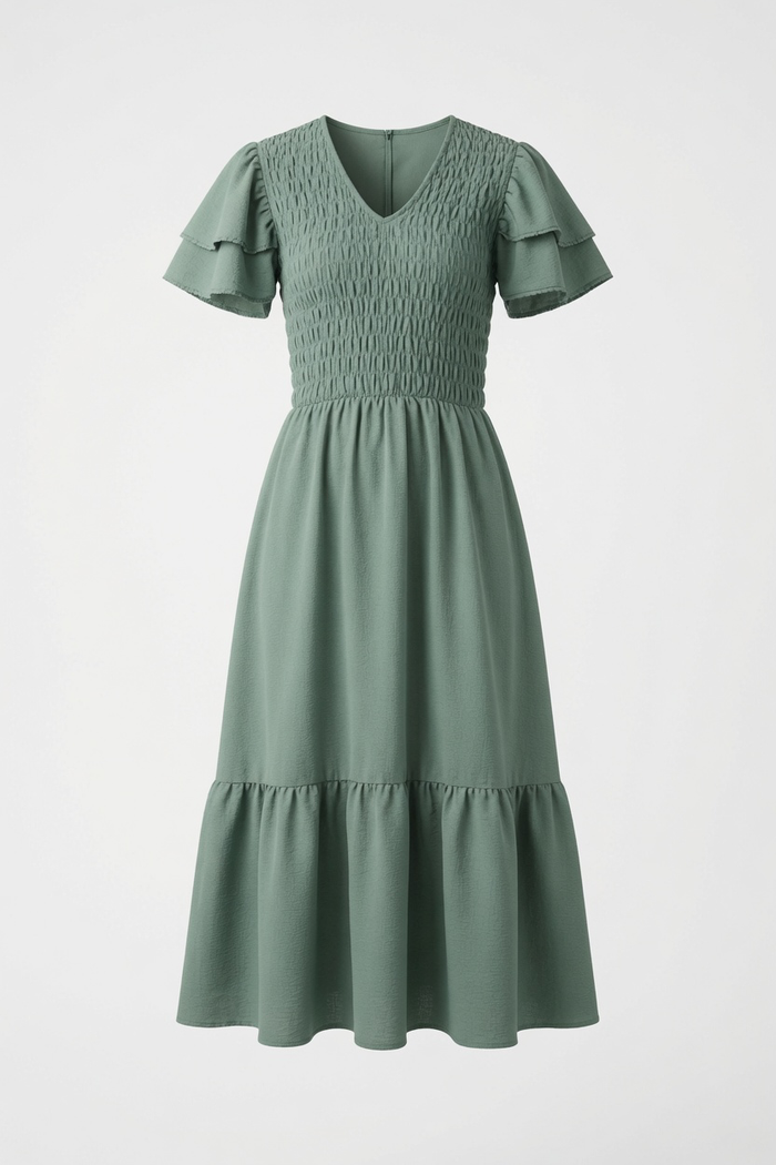 A woman wearing a sage green tiered maxi dress with ruffled short sleeves and smocked detailing