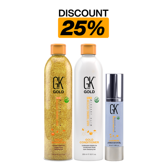 Shine Your Hair banner reading Discount 25%: Gold Shampoo and Gold Conditioner 250 ml with 50 ml Cashmere styling cream