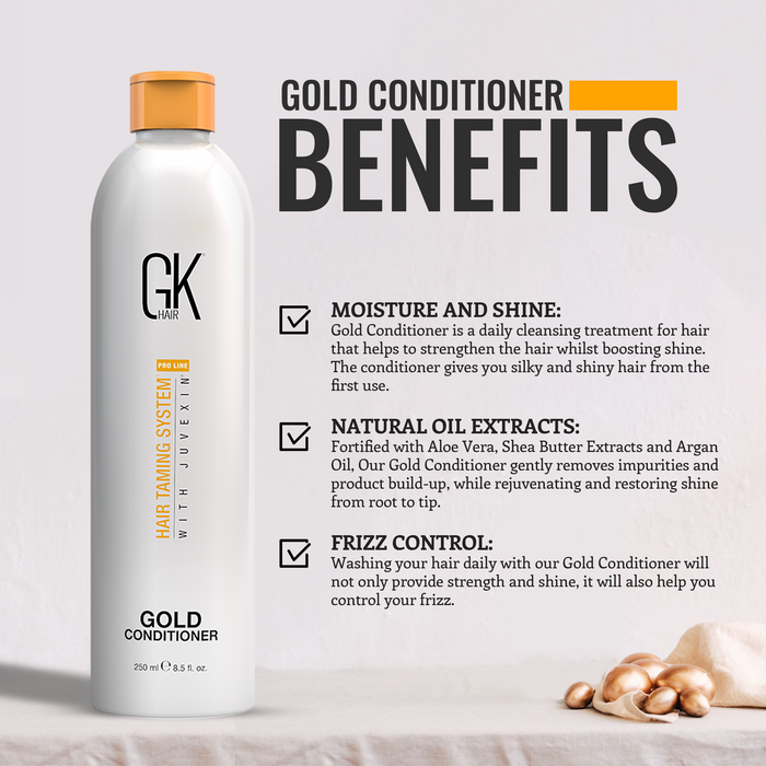 Shine Your Hair Gold Conditioner benefits: moisture and shine, aloe, shea and argan oil extracts, and frizz control