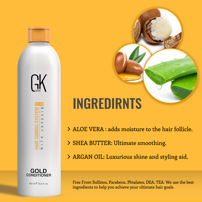 Gold Conditioner ingredients: aloe vera moisture, shea butter smoothing, argan oil shine; no sulfates, parabens, phthalates, DEA or TEA