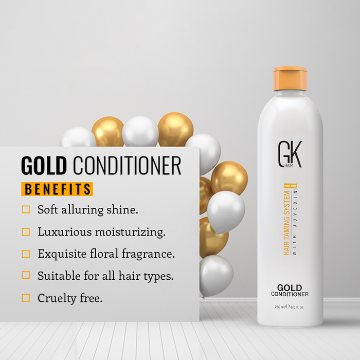 Gold Conditioner benefits: soft alluring shine, luxurious moisturizing, exquisite floral fragrance, all hair types, cruelty free