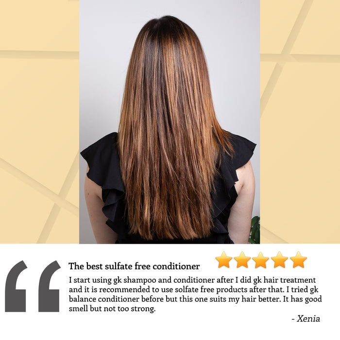 Shine Your Hair review card: back view of long caramel-highlighted hair; Xenia's five-star The best sulfate free conditioner
