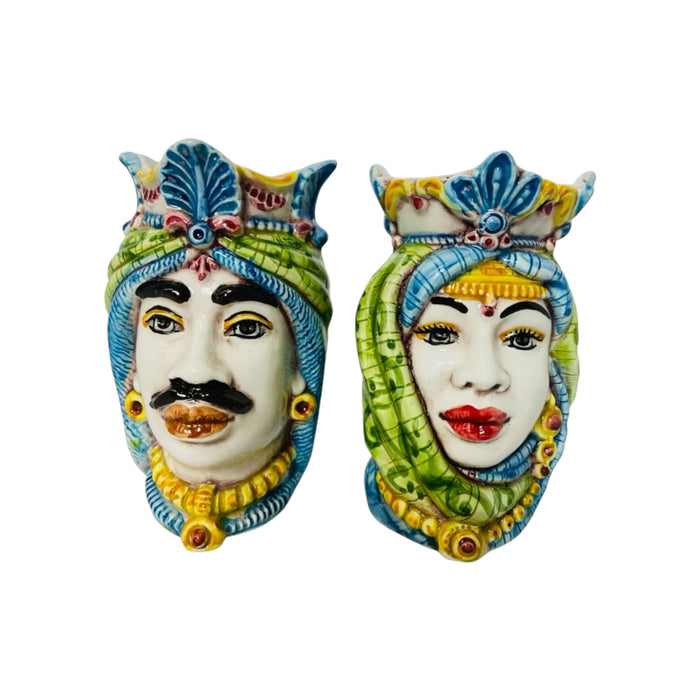 Sicilian Moor heads Crown and Turban (couple) h 13 / 14 cm approx. Caltagirone ceramic