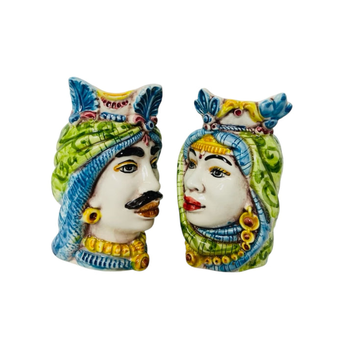 Sicilian Moor heads Crown and Turban (couple) h 13 / 14 cm approx. Caltagirone ceramic