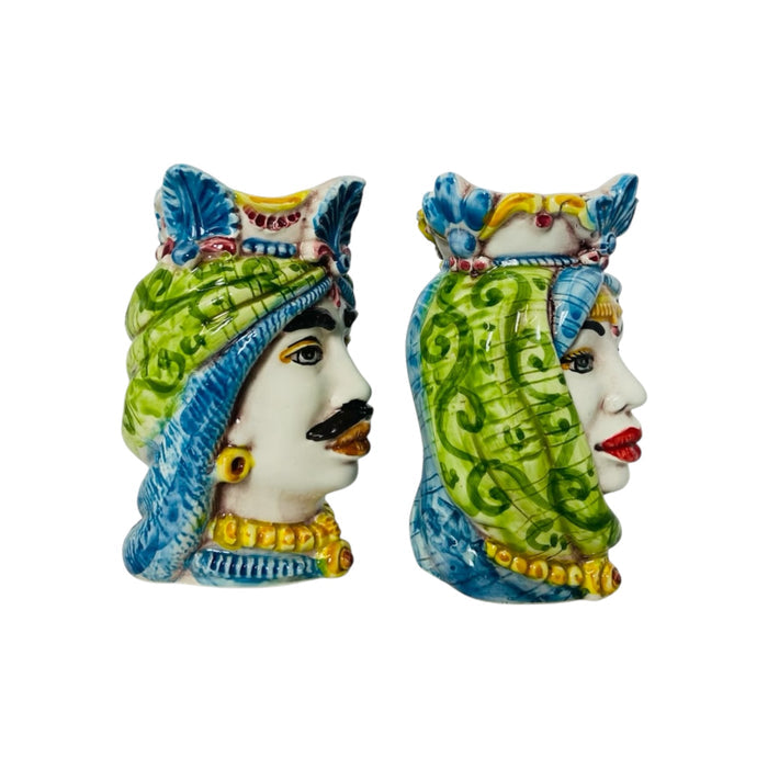 Sicilian Moor heads Crown and Turban (couple) h 13 / 14 cm approx. Caltagirone ceramic