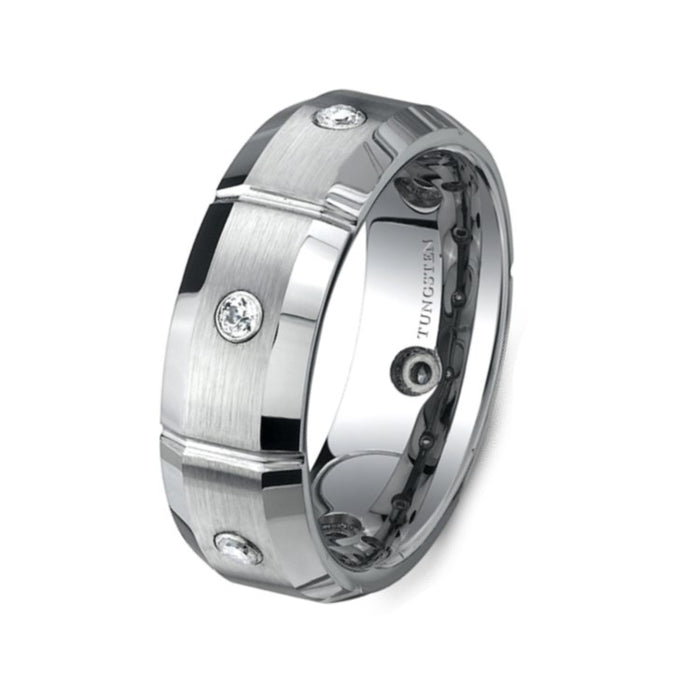 Silver Tungsten Carbide Beveled Edge Ring with Stone Set (8mm)