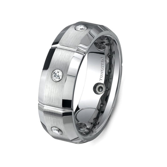 Silver Tungsten Carbide Beveled Edge Ring with Stone Set (8mm)
