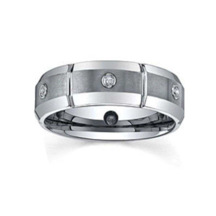 Silver Tungsten Carbide Beveled Edge Ring with Stone Set (8mm)