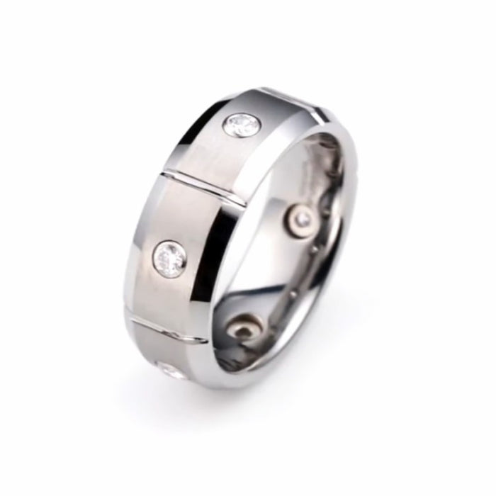 Silver Tungsten Carbide Beveled Edge Ring with Stone Set (8mm)