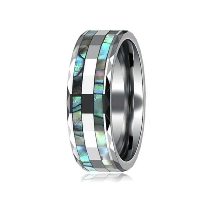 Silver Tungsten Carbide Ring with Abalone Shell Inlay (8mm)