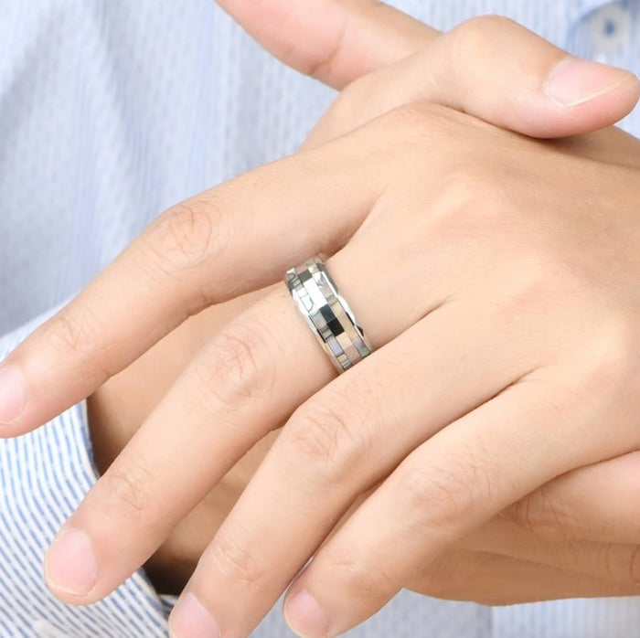 Silver Tungsten Carbide Ring with Abalone Shell Inlay (8mm)