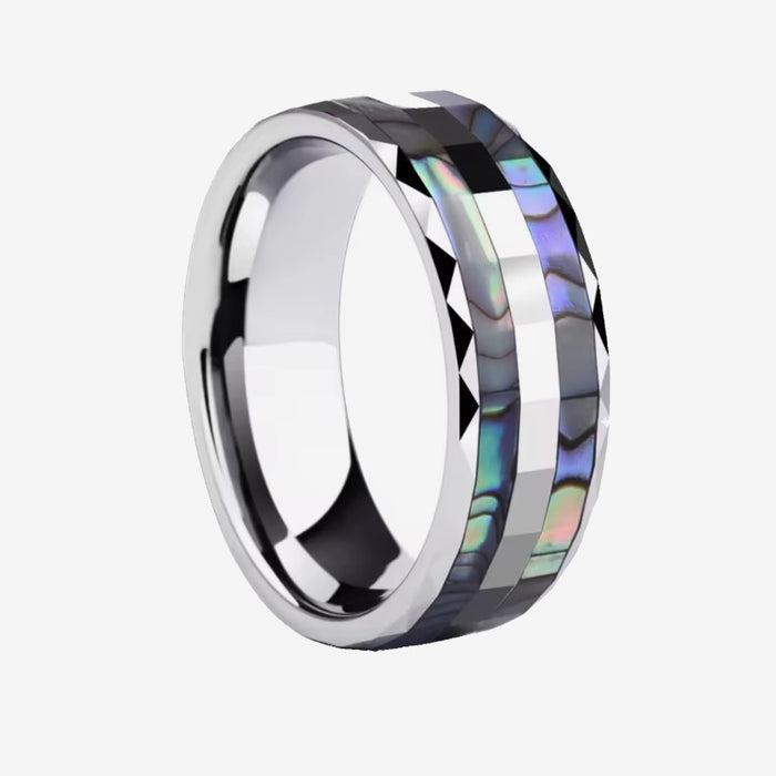 Silver Tungsten Carbide Ring with Abalone Shell Inlay (8mm)