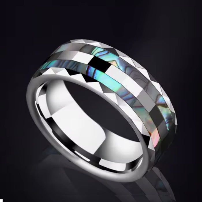 Silver Tungsten Carbide Ring with Abalone Shell Inlay (8mm)
