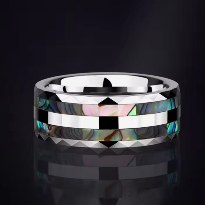 Silver Tungsten Carbide Ring with Abalone Shell Inlay (8mm)