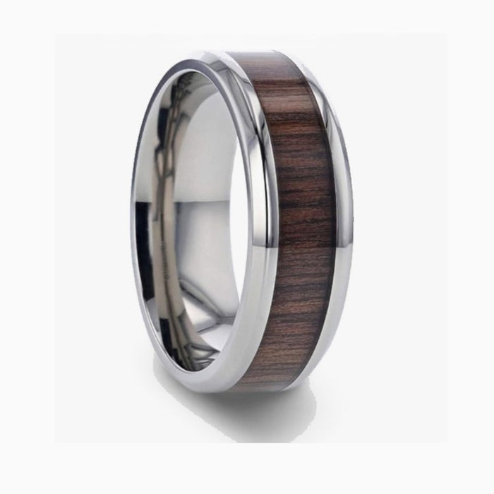 Silver Tungsten Carbide Ring with Walnut Wood Inlay – 8mm