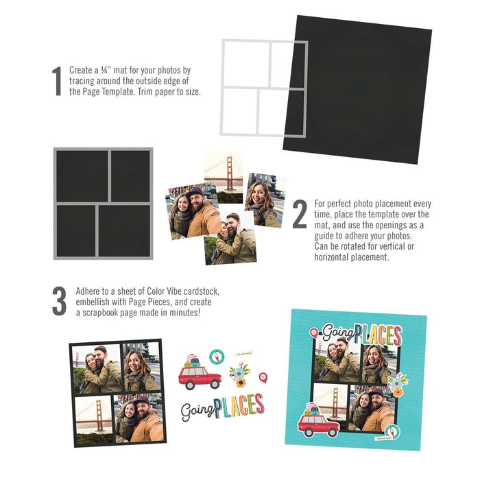 Simple Stories - Simple Pages Page Template - Design 10. Includes (1) 2-4x4 and 2-3x4 divided template. Available at Embellish Away located in Bowmanville Ontario Canada. Steps.