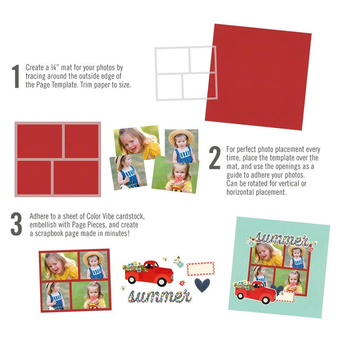 Simple Stories - Simple Pages Page Template - Design 11. Includes (1) 2-3x4 and 2-3x3 divided template. Available at Embellish Away located in Bowmanville Ontario Canada.