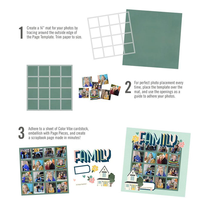 Simple Stories - Simple Pages Page Template - Design 7. Includes (1) 16-2x2 divided template. Available at Embellish Away located in Bowmanville Ontario Canada. Steps