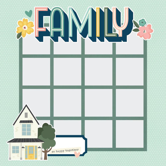 Simple Stories - Simple Pages Page Template - Design 7. Includes (1) 16-2x2 divided template. Available at Embellish Away located in Bowmanville Ontario Canada. Example