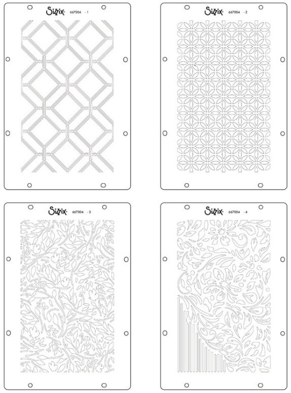 Sizzix - Layered Stencils by Willow Wolfe - Backgrounds (4pk). Available at Embellish Away located in Bowmanville Ontario Canada.