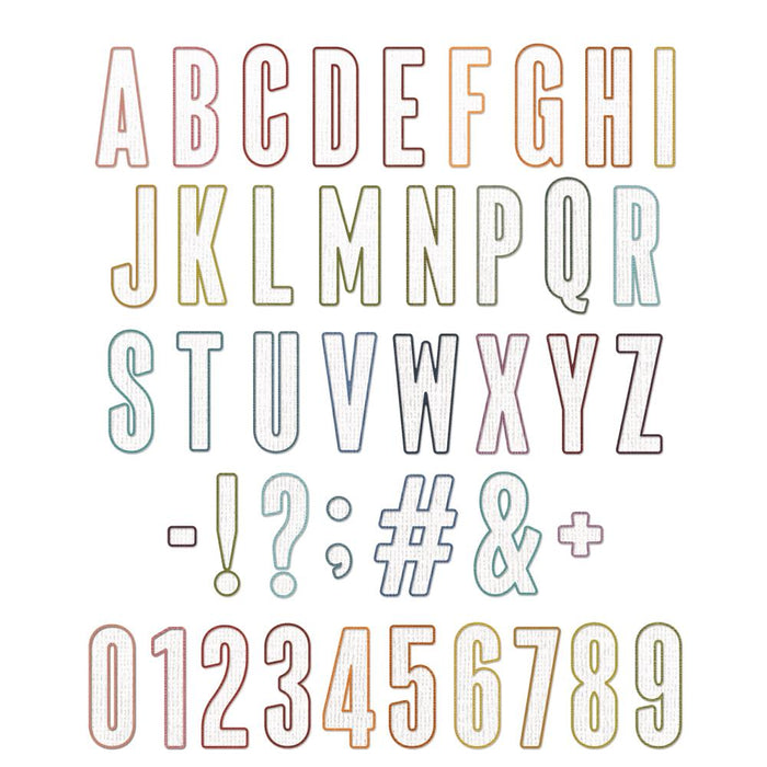 Sizzix - Thinlits Dies By Tim Holtz - 43/Pkg - Alphanumeric Bulletin. Dual-layered and 2 inch high, this Alphabet set makes every word a statement! These 43 dies cuts an outline and an inner letter, to be used separately or together. Available at Embellish Away located in Bowmanville Ontario Canada.