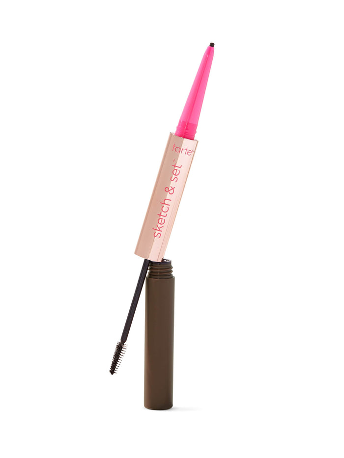 Eyebrow pencil with pink cap and brown body on a white background