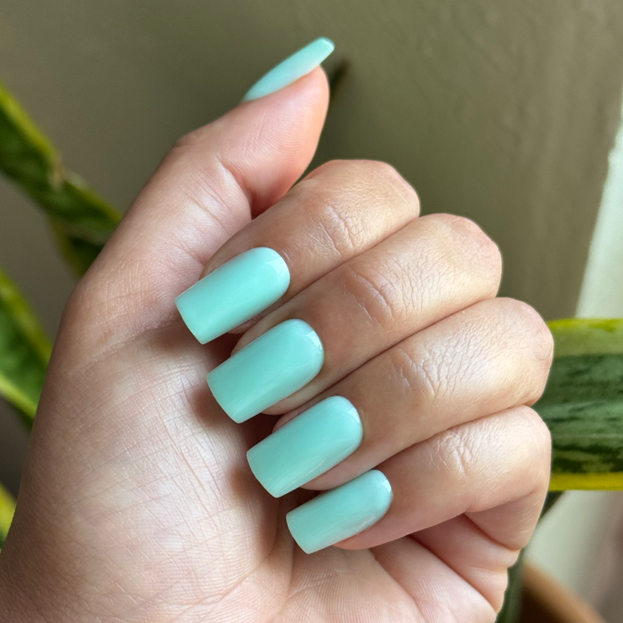 Slam Dunk - Press-On | Medium | Square true turquoise press-on nails shown on hand with natural plant background