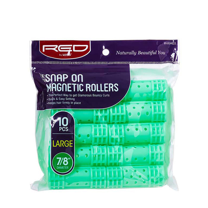 RED BEAUTY by KISS package of 10 green snap on large magnetic hair rollers seven eighths inch diameter for voluminous curls