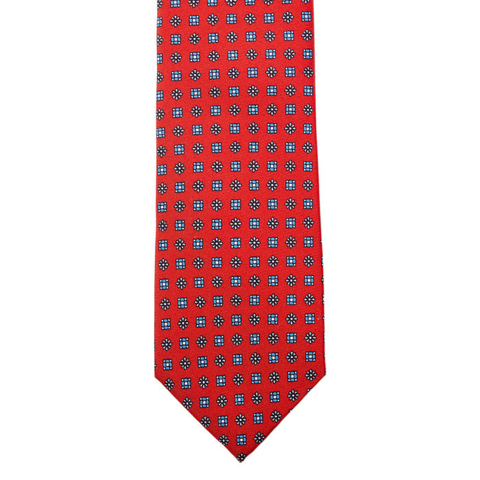 A Sovereign Grade Red Floral 25oz Silk Hopsack tie with blue squares for longevity, from KirbyAllison.com.
