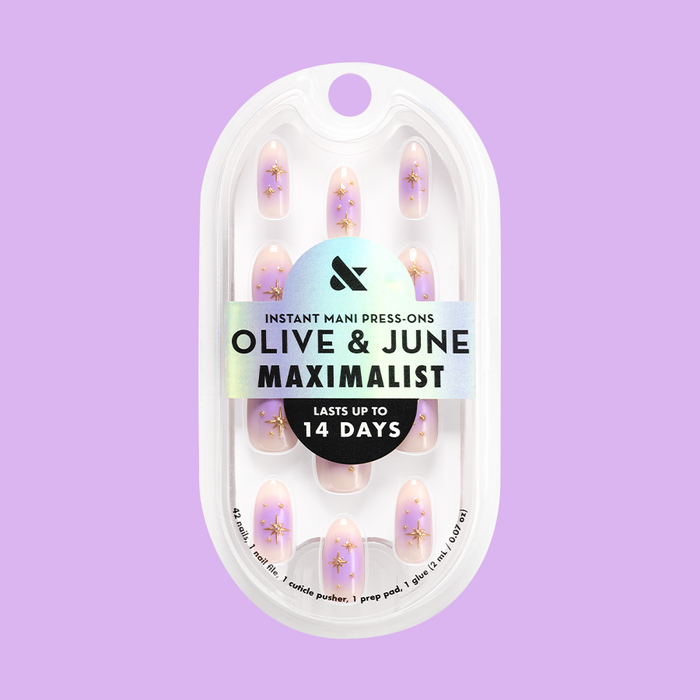 Sparkle Aura Mixed Pack - Press-On | Medium | Oval with soft pink base, magenta aura, and golden star accents for easy manicure.