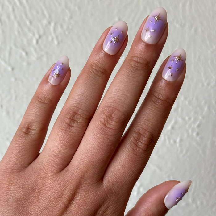 Sparkle Aura Mixed Pack - Press-On | Medium | Oval with soft pink to purple gradient and raised gold star accents for manicure style