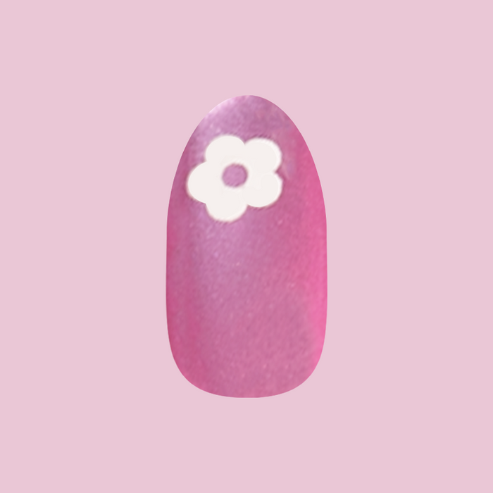 Sparkle Floral - Press-On | Medium | Oval press-on nail with glittery pink polish and white floral detail for a fresh mani look