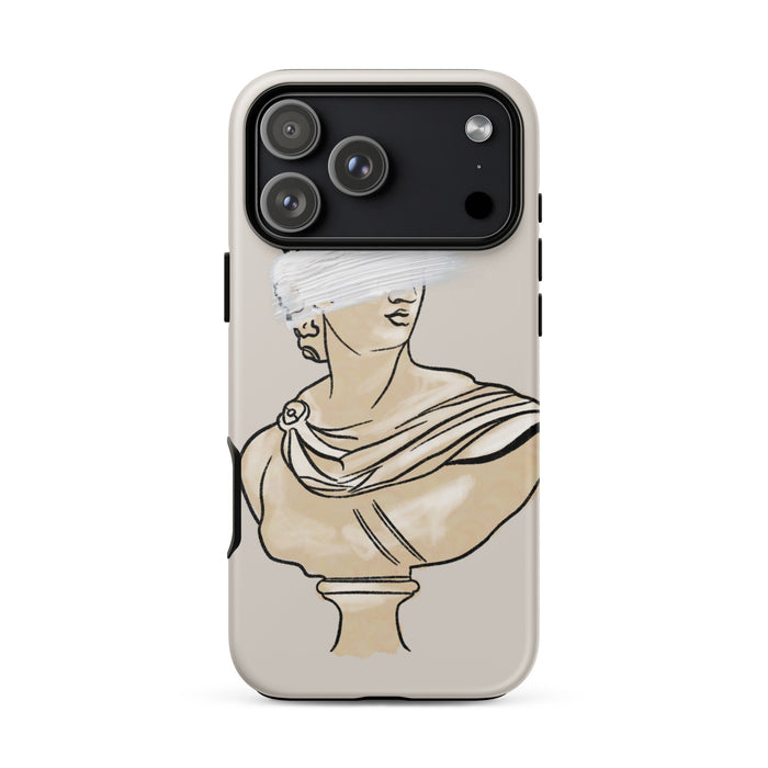 Phone case with classical statue design on a white background