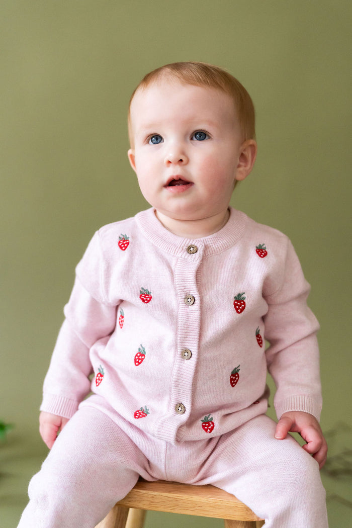 Strawberry Embroidered Knit Baby Cardigan, Organic Cotton