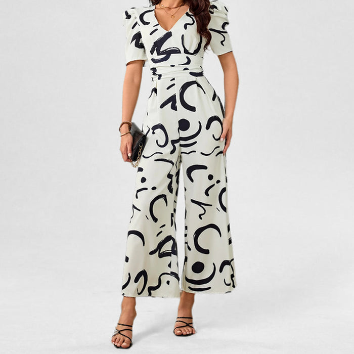 Stylish V-neck Cinched-waist Wide-leg Jumpsuit
