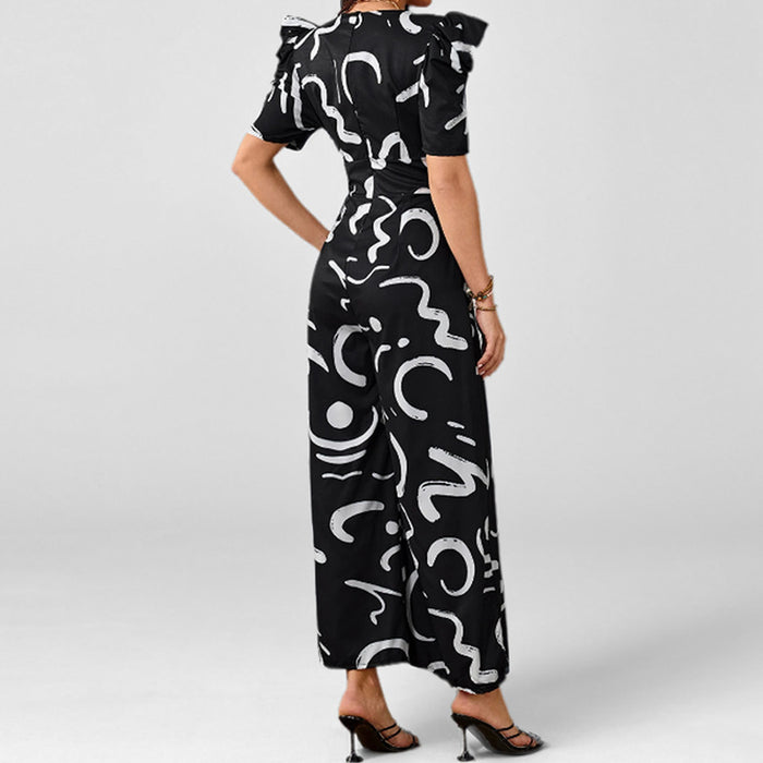Stylish V-neck Cinched-waist Wide-leg Jumpsuit