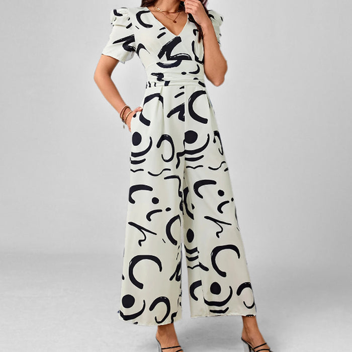 Stylish V-neck Cinched-waist Wide-leg Jumpsuit