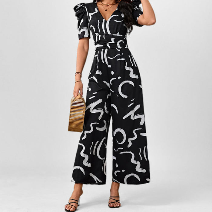 Stylish V-neck Cinched-waist Wide-leg Jumpsuit