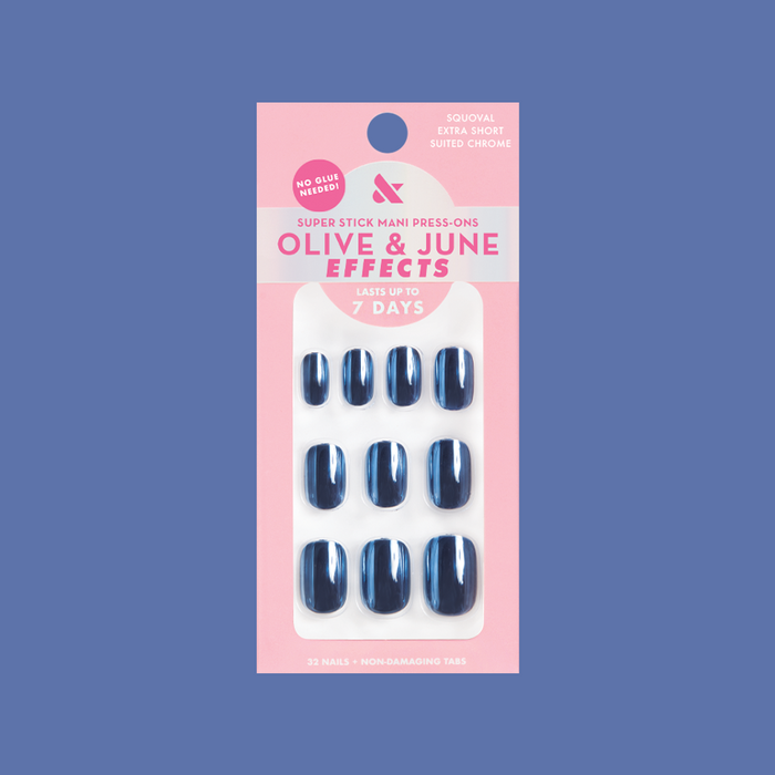 Suited Chrome - Tab Press-On | Extra Short | Squoval deep midnight blue nails with chrome shimmer for easy at-home mani