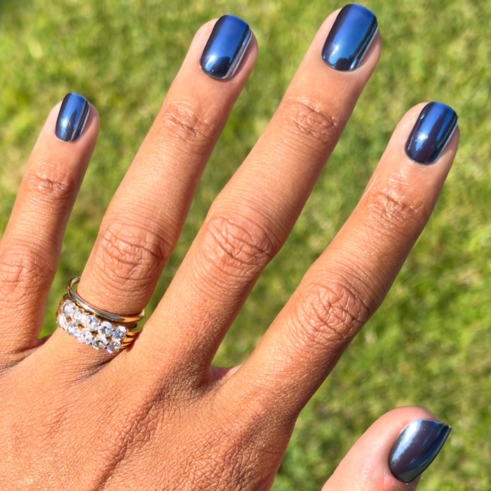 Suited Chrome - Tab Press-On | Extra Short | Squoval deep midnight blue nails with reflective chrome finish for quick at-home mani