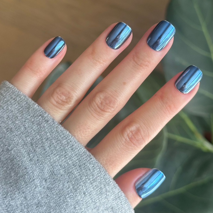 Suited Chrome - Tab Press-On | Extra Short | Squoval deep navy blue nails with reflective chrome finish for easy at-home manicure