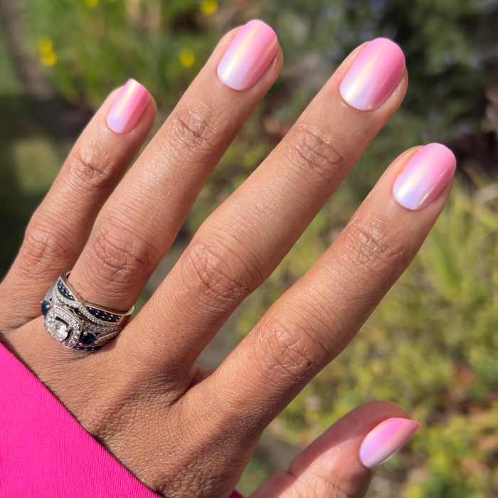 Sunrise Chrome - Press-On | Short | Squoval with golden pink gradient and chrome finish for easy at-home manicure