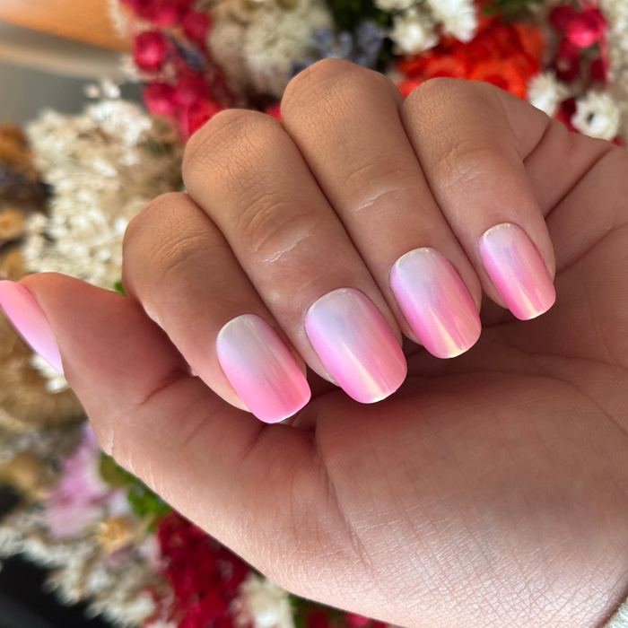 Sunrise Chrome - Press-On | Short | Squoval with soft pink to white gradient and subtle chrome shimmer for easy at-home mani
