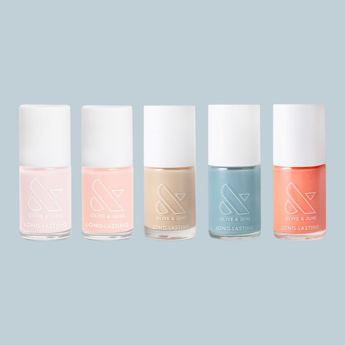 Sunset Season nail polish set with five long-lasting pastel and warm shades for spring mani options at home