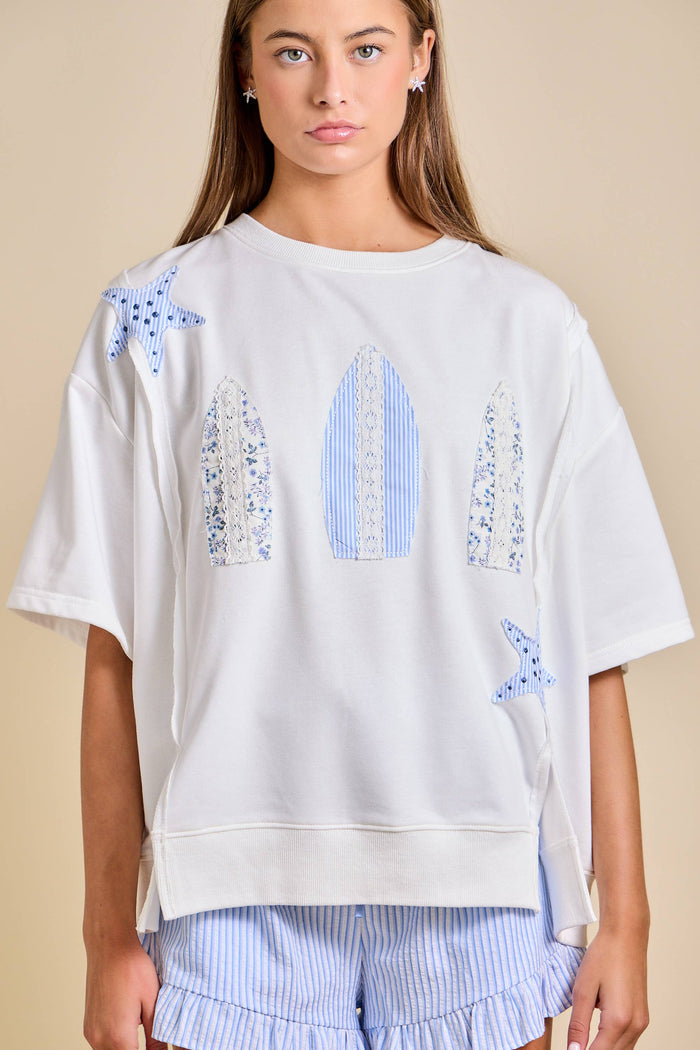 Surfboard Patchwork Tee – Coastal Summer Top: WHITE / M
