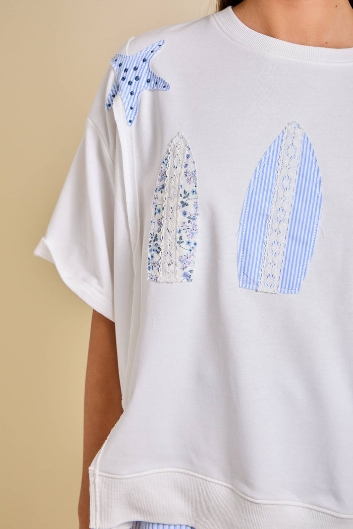 Surfboard Patchwork Tee – Coastal Summer Top: WHITE / M